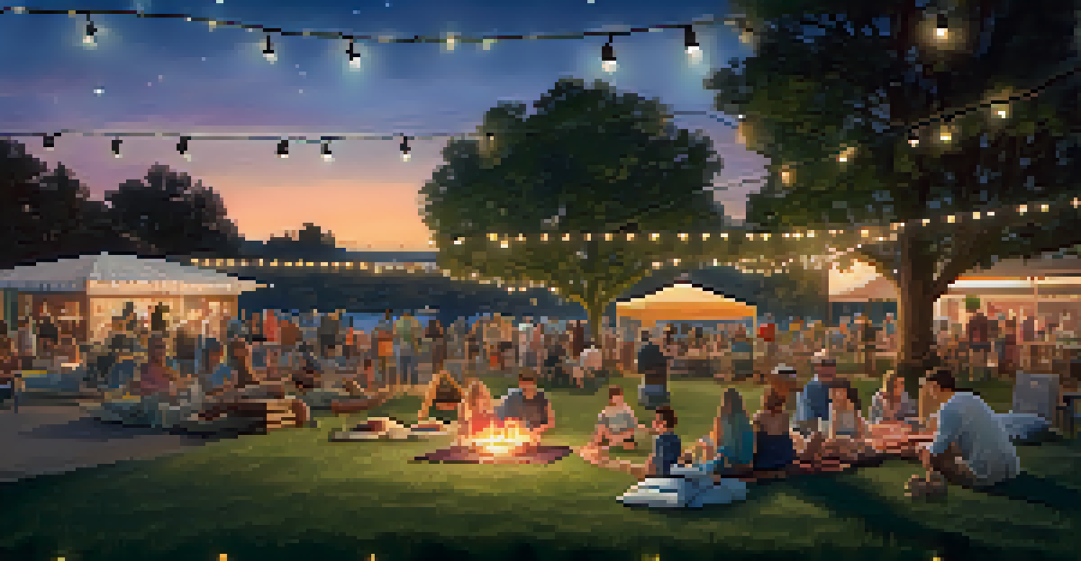 Families enjoying an outdoor movie night at Carlsbad's Summer Nights event, with children playing games and picnic blankets spread across the park under fairy lights.