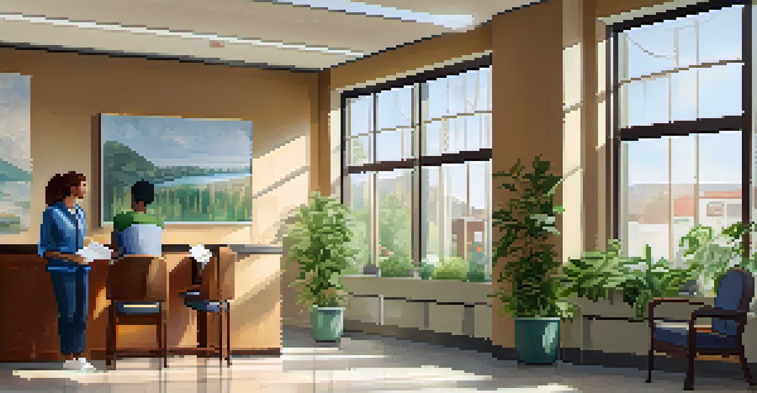 Interior of a mental health clinic with a cozy waiting area, plants, and a receptionist helping a visitor, bathed in natural light.