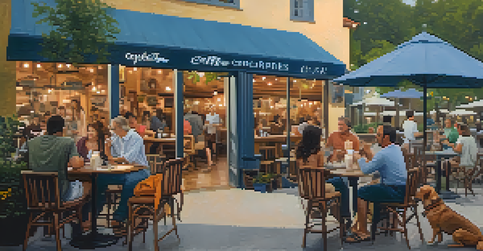 A vibrant coffee shop scene during 'Yappy Hour' with dog owners socializing and dogs playing.