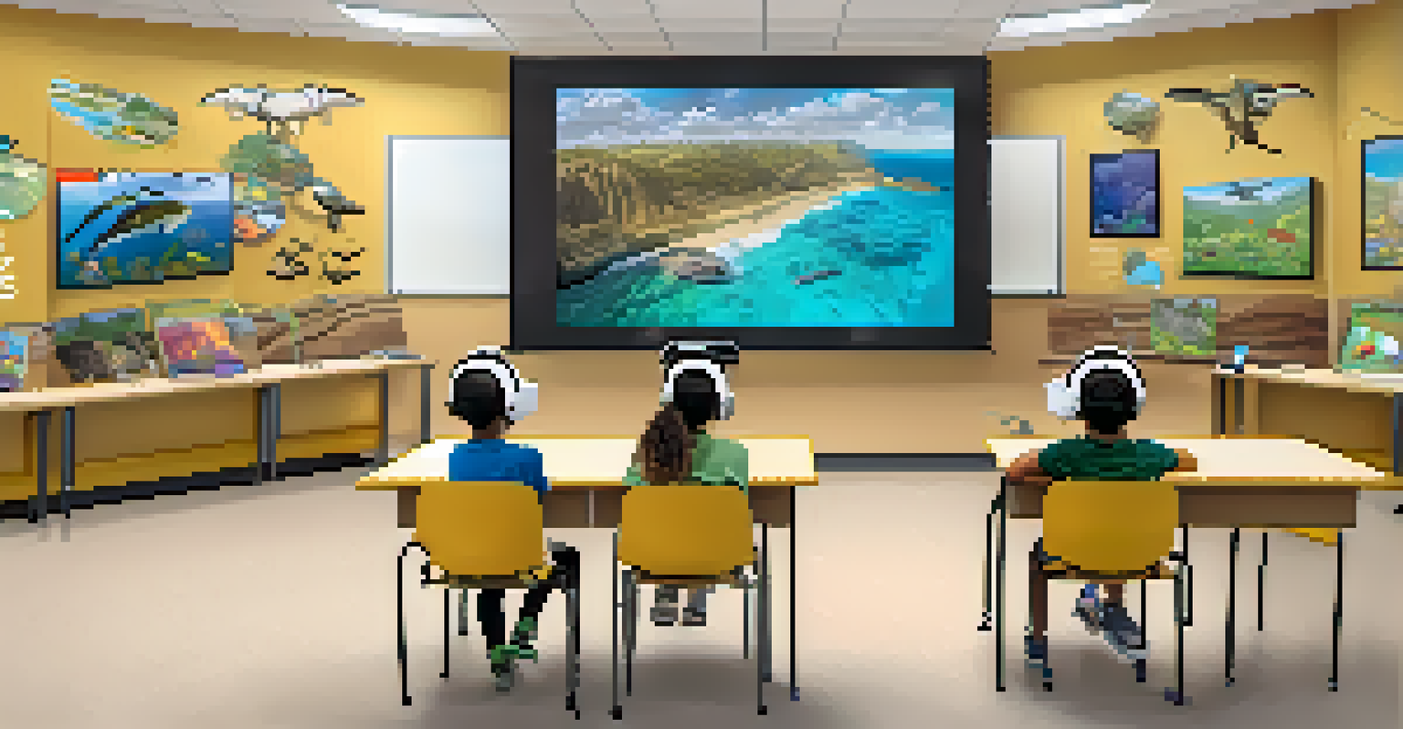 Students in a Carlsbad classroom wearing VR headsets, exploring local ecosystems, surrounded by colorful educational displays.