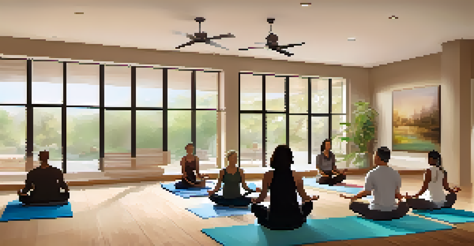 An interior view of a wellness center with people practicing meditation in a peaceful environment.