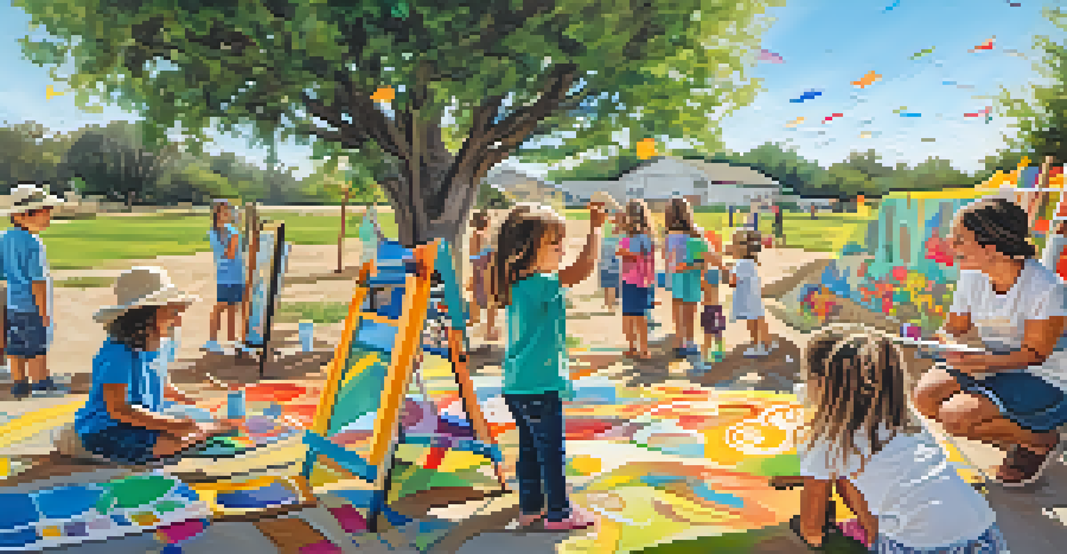 Families collaborating on a colorful community mural at the Carlsbad Art Farm, surrounded by art supplies.