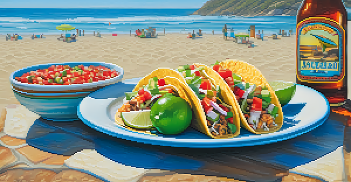 A plate of fish tacos with fresh toppings and a craft beer, set against a beach background with ocean and sand.