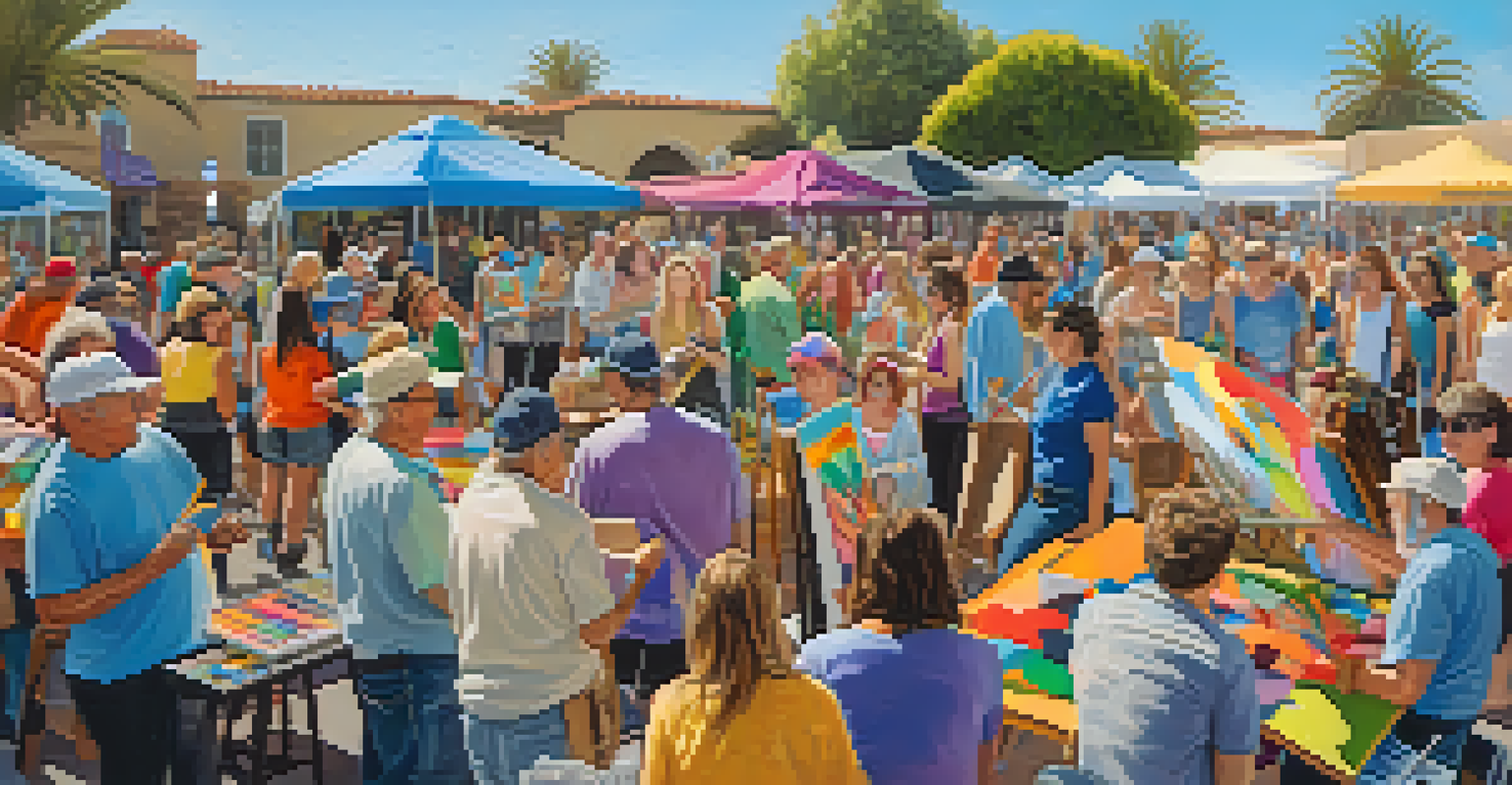 A diverse group of artists working together on a large canvas during a community art event in Carlsbad, surrounded by colorful art supplies.
