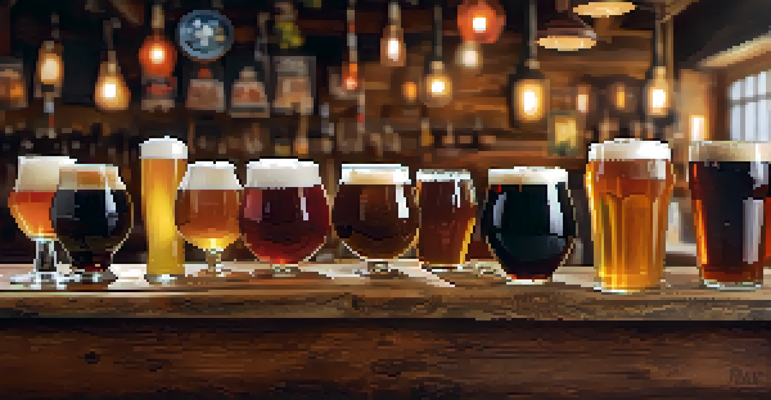 A close-up of a craft beer flight with various styles and colors on a rustic table.