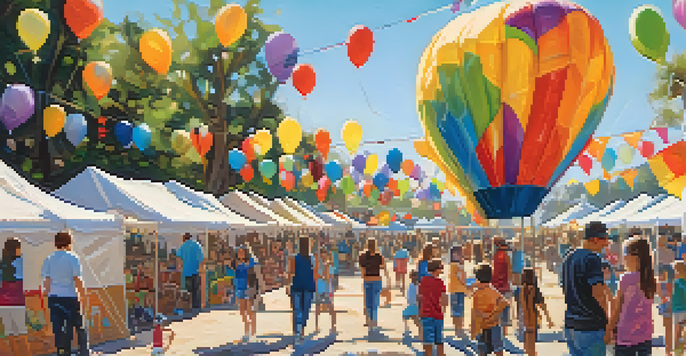 A lively community art festival with young artists showcasing their works in colorful tents, surrounded by happy families and bright decorations.