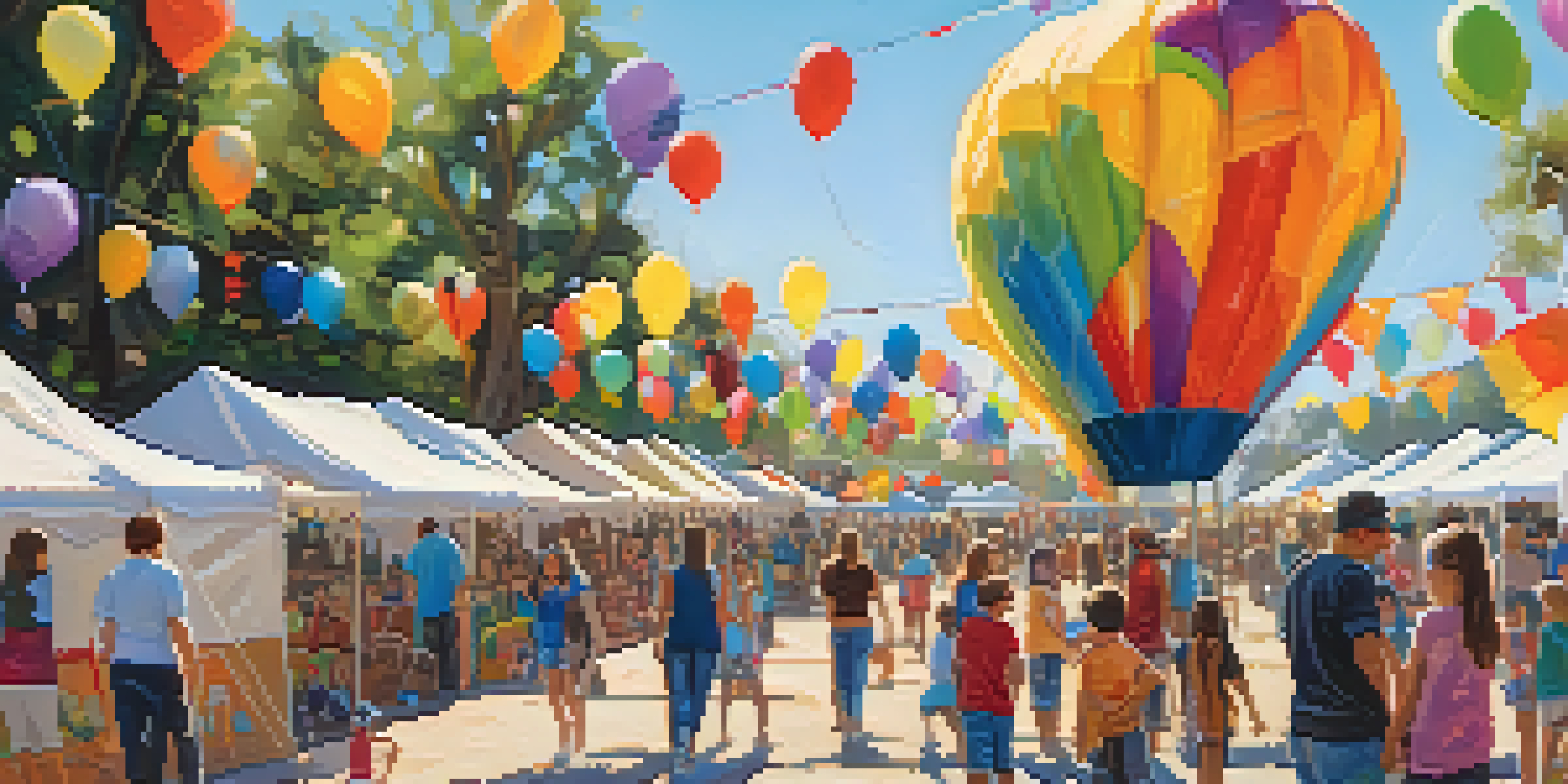 A lively community art festival with young artists showcasing their works in colorful tents, surrounded by happy families and bright decorations.