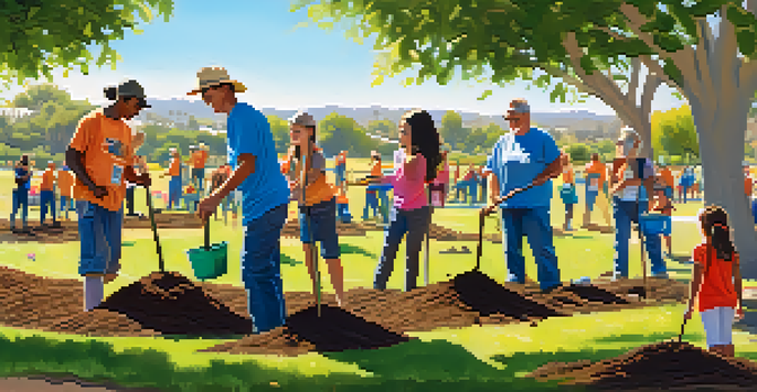 A group of diverse volunteers planting trees in a park, showcasing joy and community spirit with greenery and colorful flowers around them.