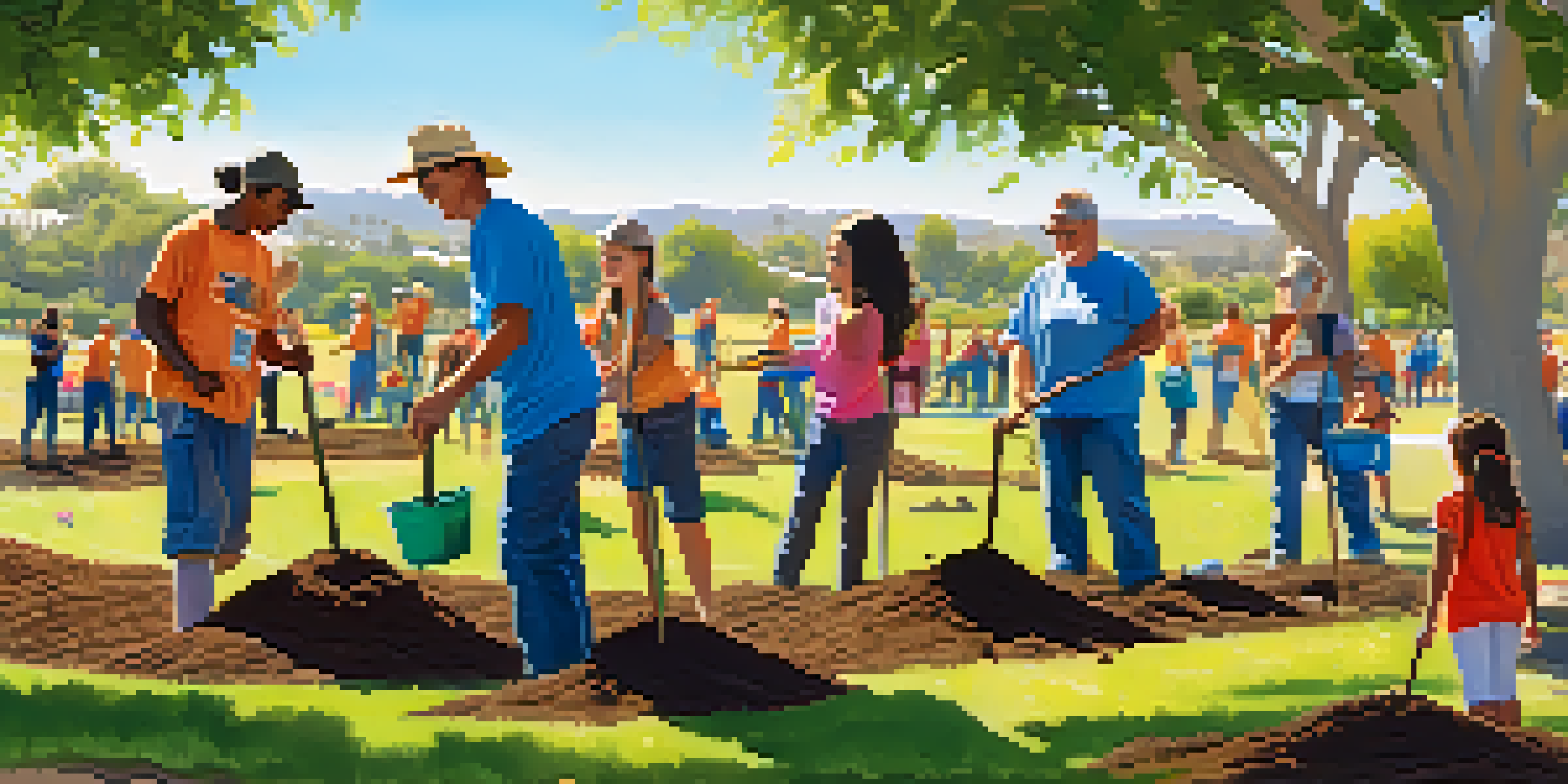 A group of diverse volunteers planting trees in a park, showcasing joy and community spirit with greenery and colorful flowers around them.