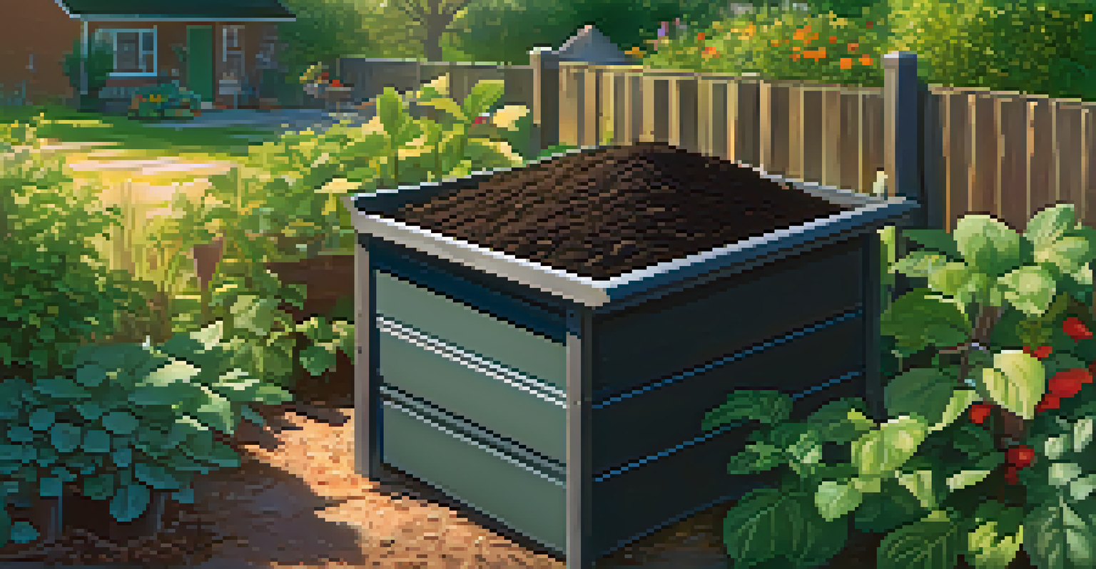 A detailed close-up of a compost bin filled with rich compost, surrounded by thriving plants in a community garden, with sunlight filtering through the leaves.