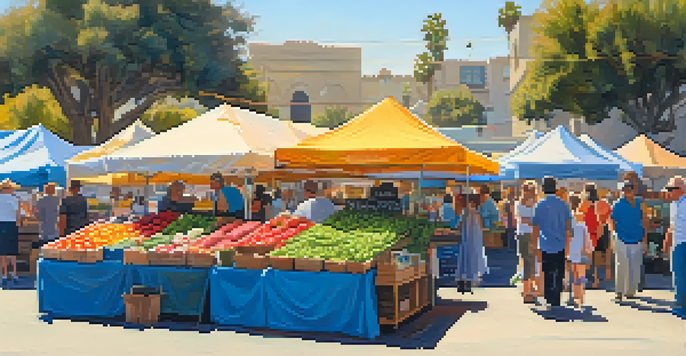 A lively outdoor market in Carlsbad with colorful stalls, people shopping, and sunlight illuminating fresh produce.