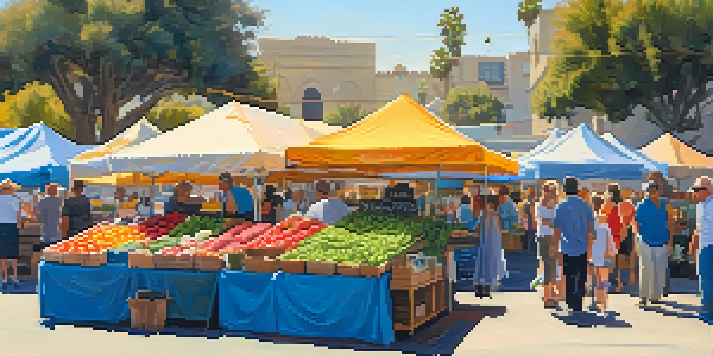 A lively outdoor market in Carlsbad with colorful stalls, people shopping, and sunlight illuminating fresh produce.