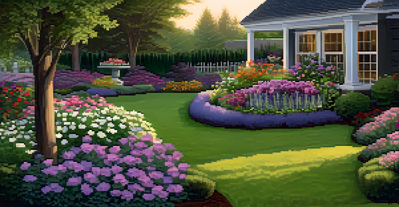 A layered garden layout with lavender and petunias, framed by a wooden border, bathed in soft evening light.
