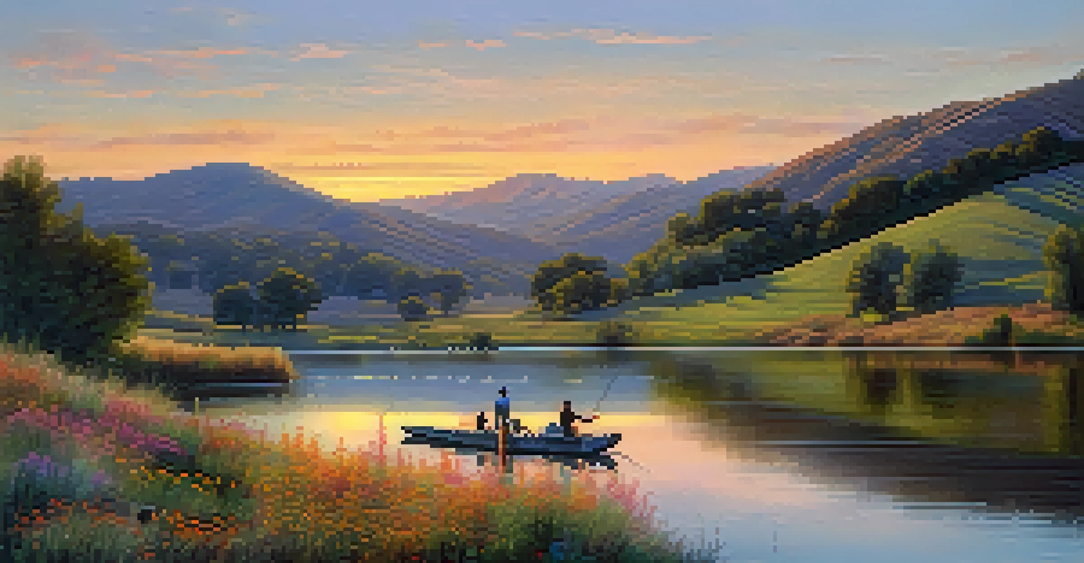Calavera Lake at golden hour with rolling hills, wildflowers, and people fishing.