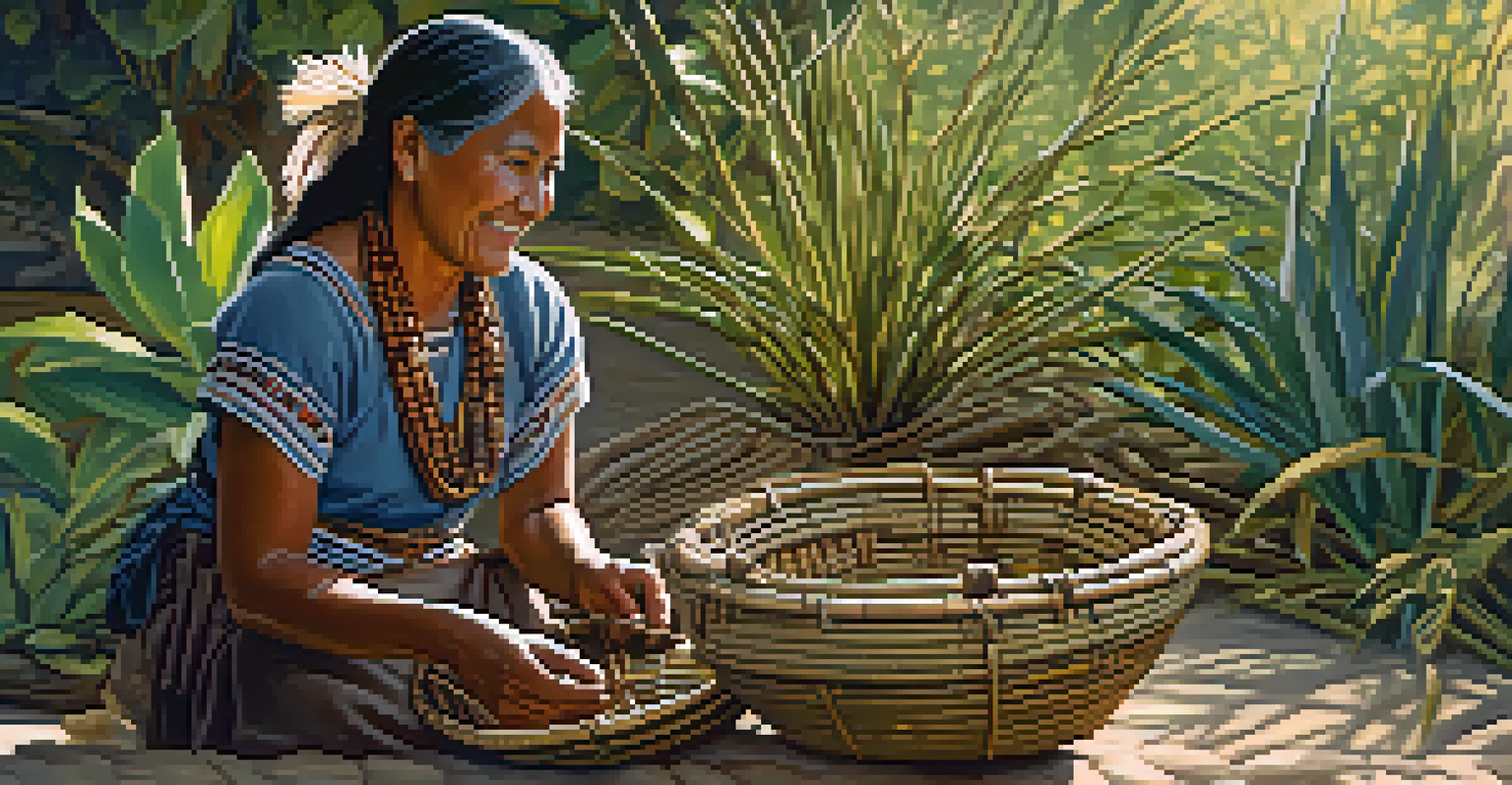 A Luiseño woman weaving a traditional basket in a sunlit outdoor setting, surrounded by native plants.