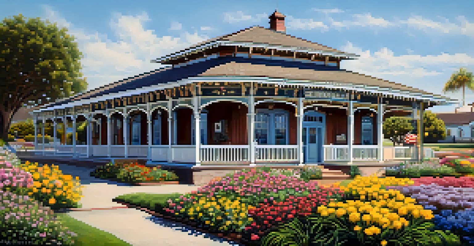 The iconic Carlsbad Depot with early 1900s architecture surrounded by blooming flowers and a clear blue sky.