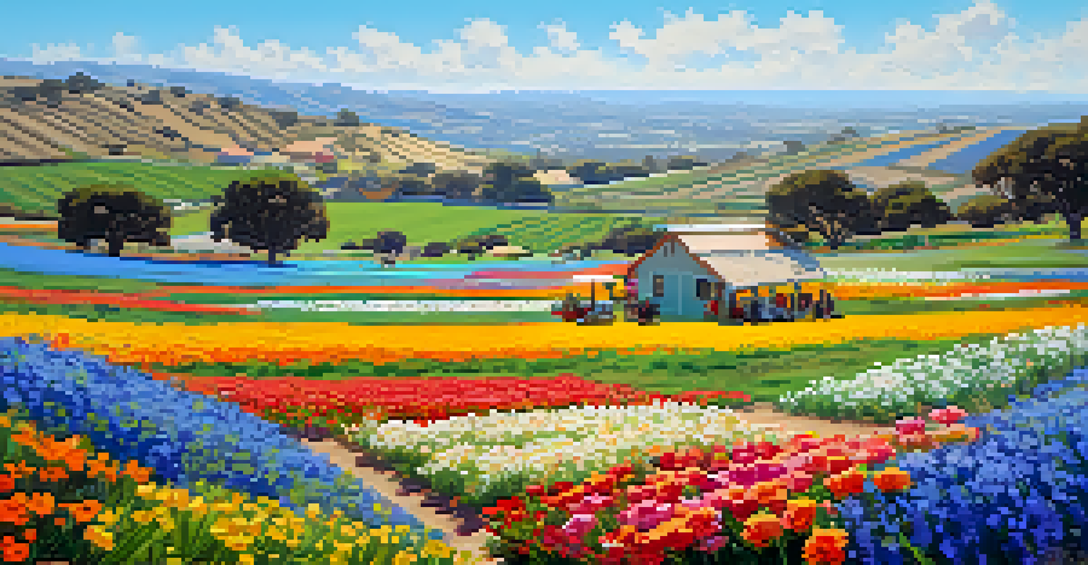 A picturesque picnic in the Flower Fields at Carlsbad Ranch, surrounded by vibrant blooming flowers under a clear sky.