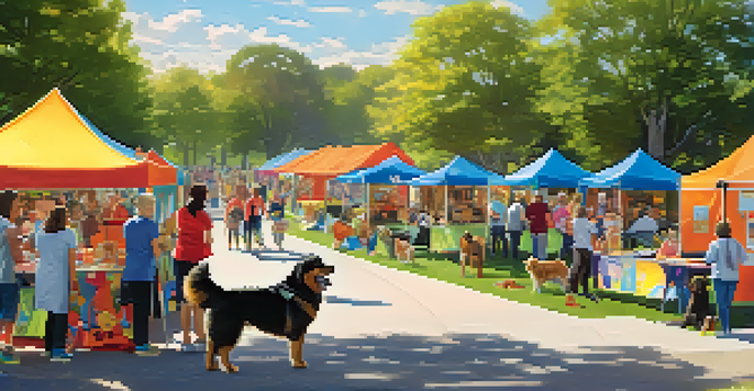 A lively pet adoption event in a park with families, dogs, and cats, featuring colorful booths and festive decorations.