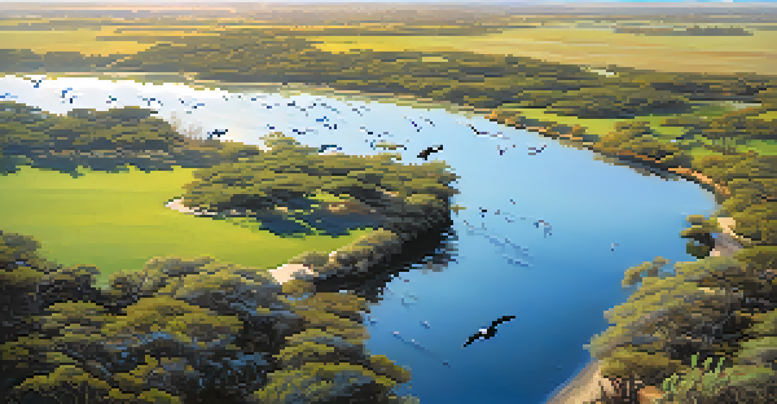 Aerial view of Carlsbad Lagoon with clear water, lush vegetation, and birds, showcasing biodiversity and conservation success.