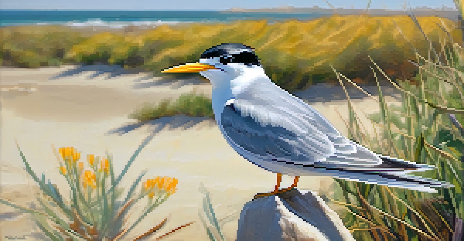 A California least tern perched on sand surrounded by coastal plants, with a lagoon in the background.