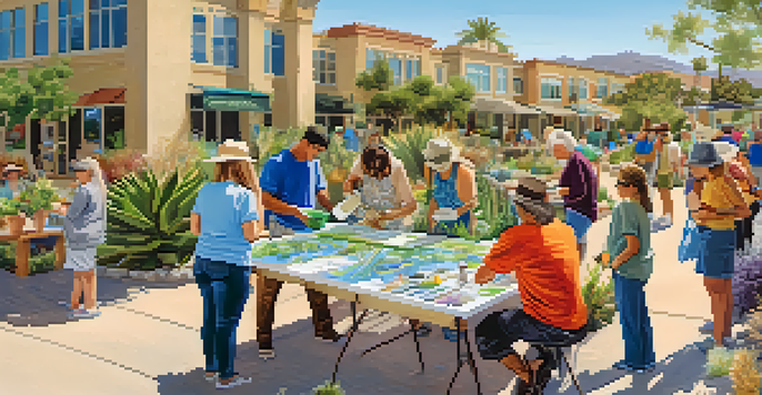 A community workshop in Carlsbad with diverse participants learning about water conservation, surrounded by educational materials and plants.