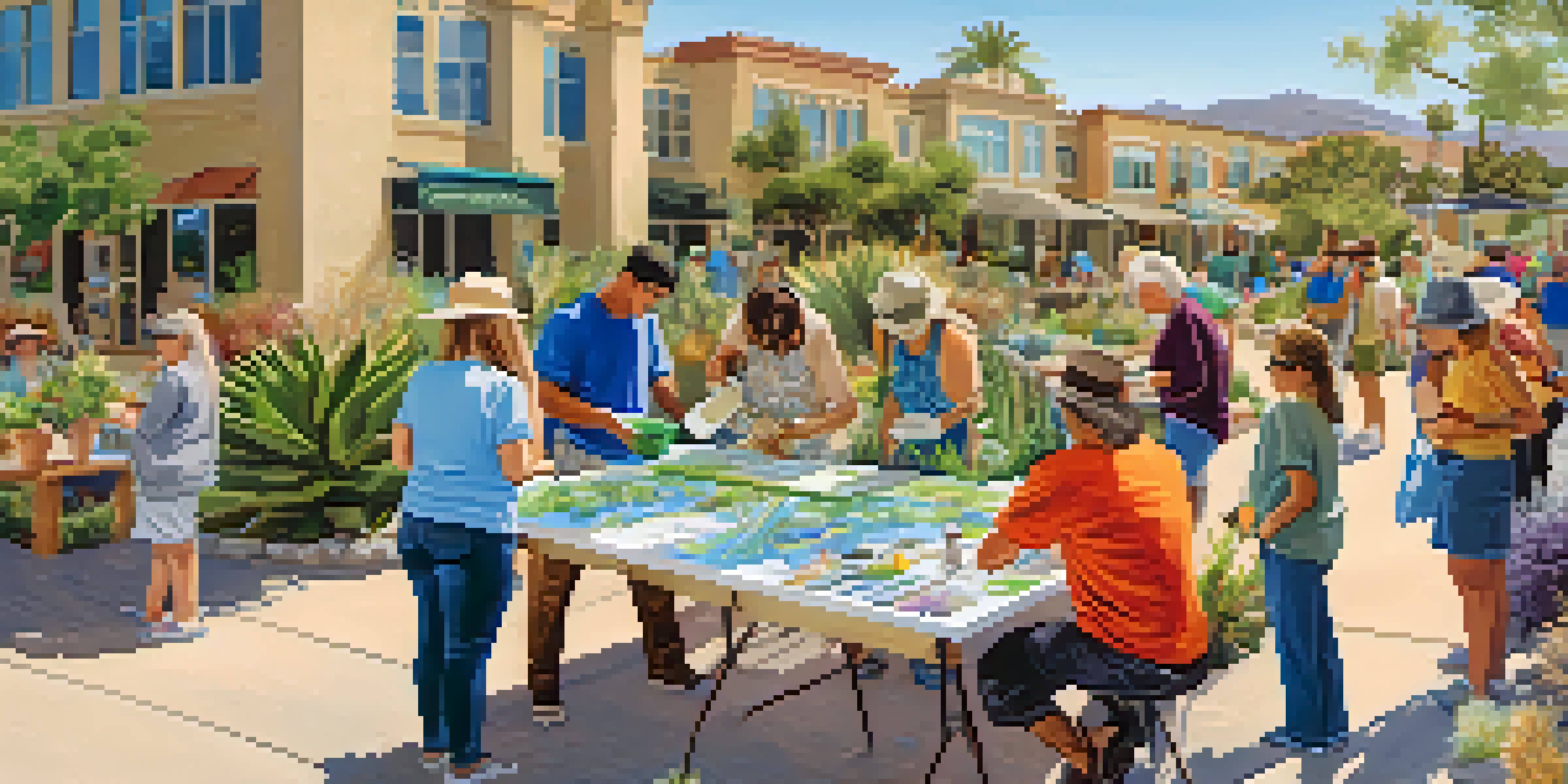 A community workshop in Carlsbad with diverse participants learning about water conservation, surrounded by educational materials and plants.