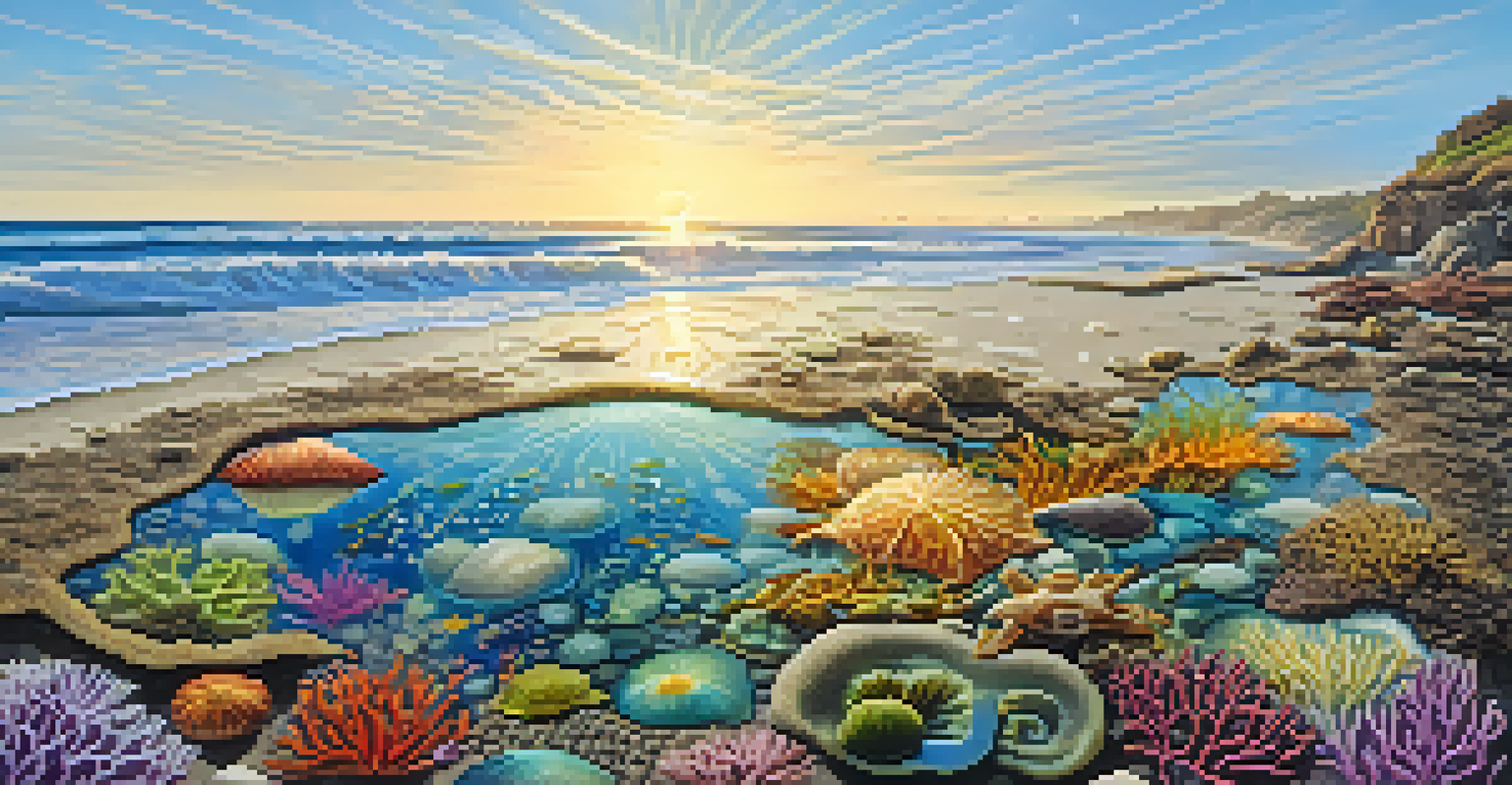 A detailed view of a tide pool filled with marine life, including crabs and sea stars, with sunlight creating a shimmering effect on clear water.