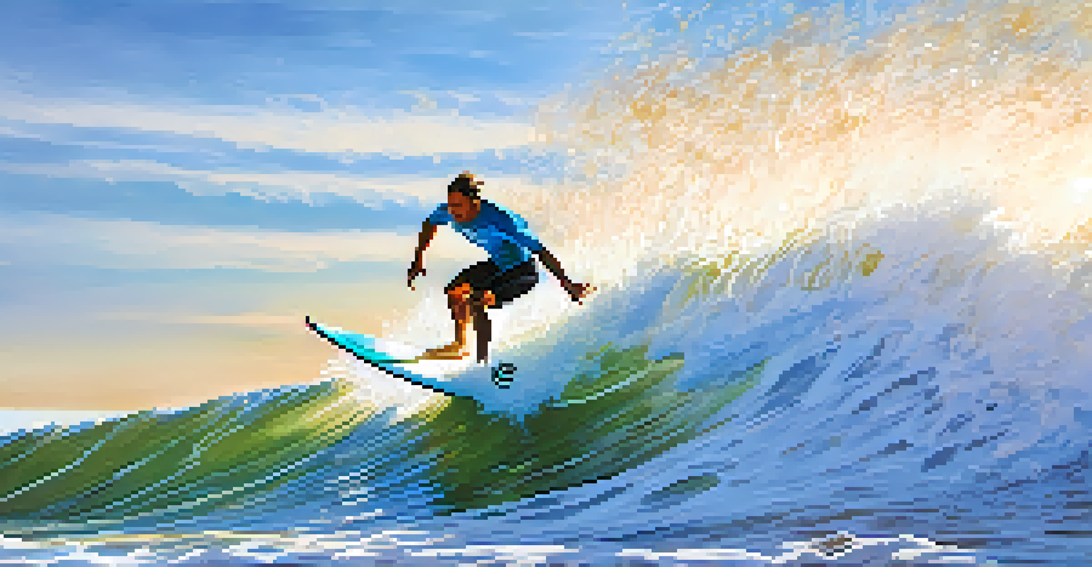 A surfer riding a wave at Carlsbad beach, with splashes of water and seagulls flying in a bright blue sky.