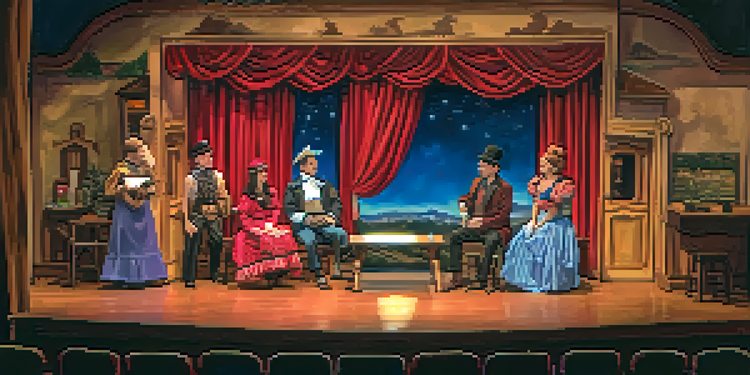 Interior view of a community theater with an audience watching a live performance on stage, warm lighting and colorful curtains visible.
