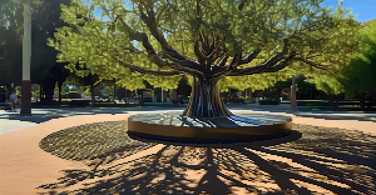A sculpture made from recycled materials in a Carlsbad park, resembling a tree, with sunlight filtering through the leaves.