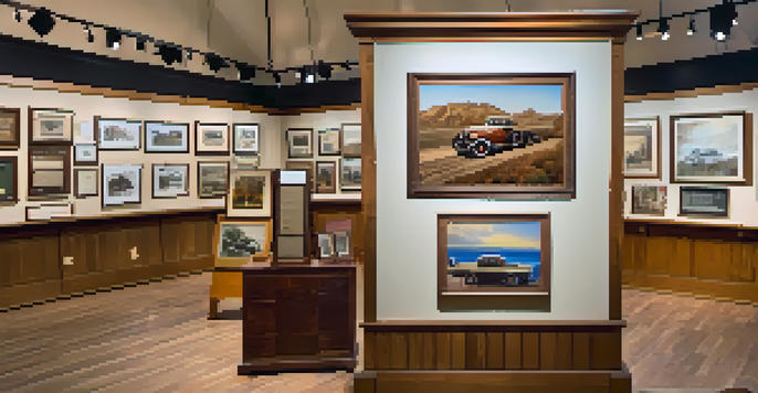 An exhibit in the Carlsbad Historical Museum displaying vintage photographs and artifacts under warm lighting.