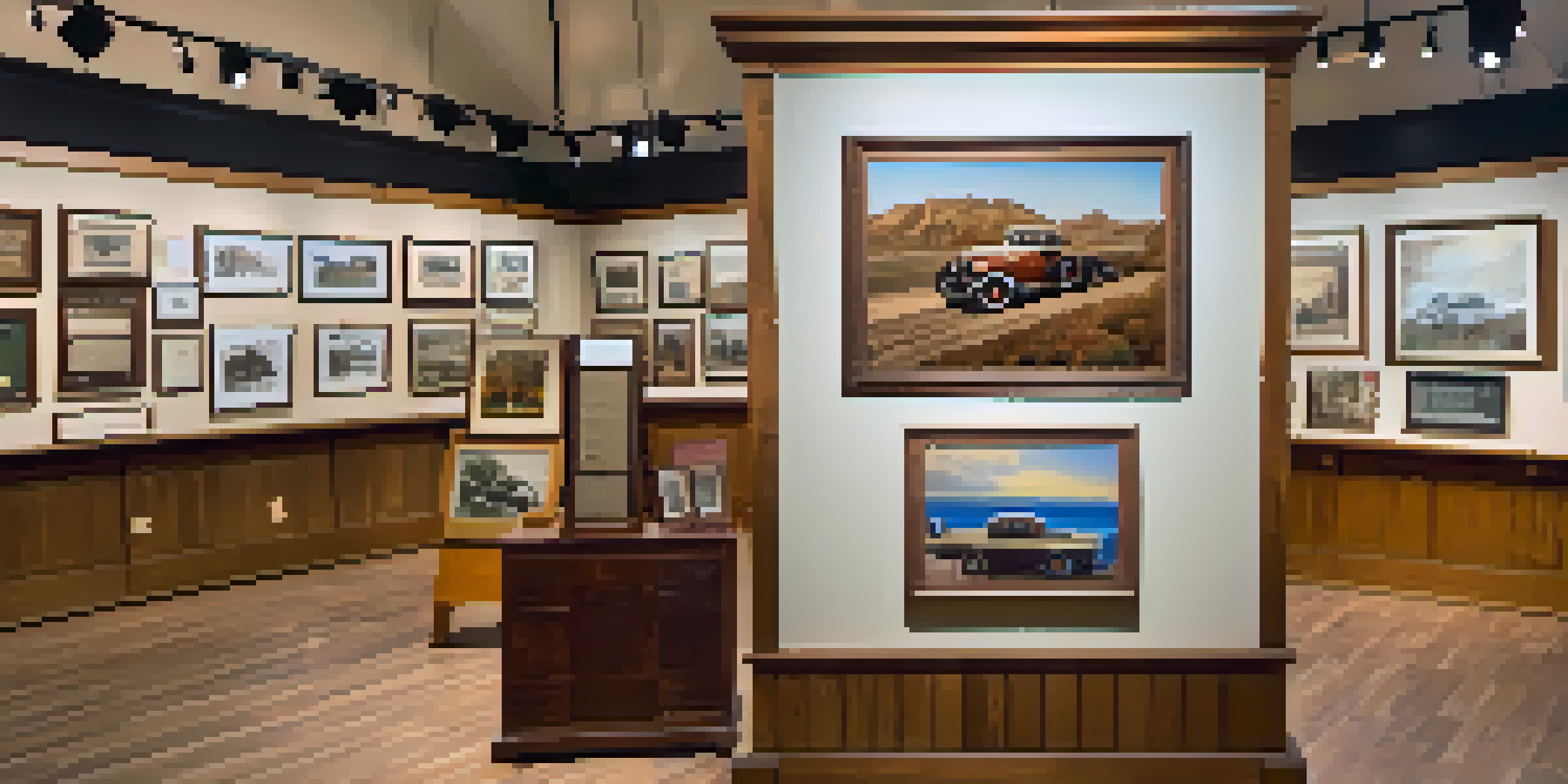 An exhibit in the Carlsbad Historical Museum displaying vintage photographs and artifacts under warm lighting.