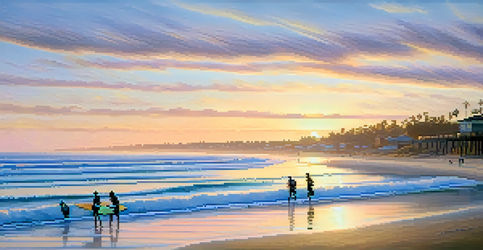 A tranquil sunrise over Tamarack Beach in Carlsbad, with gentle waves and distant surfers.