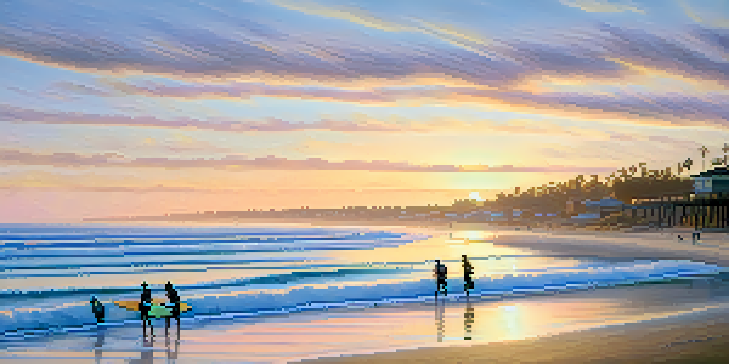 A tranquil sunrise over Tamarack Beach in Carlsbad, with gentle waves and distant surfers.
