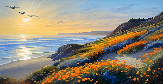 A beautiful coastal scene in Carlsbad with sandy beaches, blooming native plants, and a sunset over the ocean.