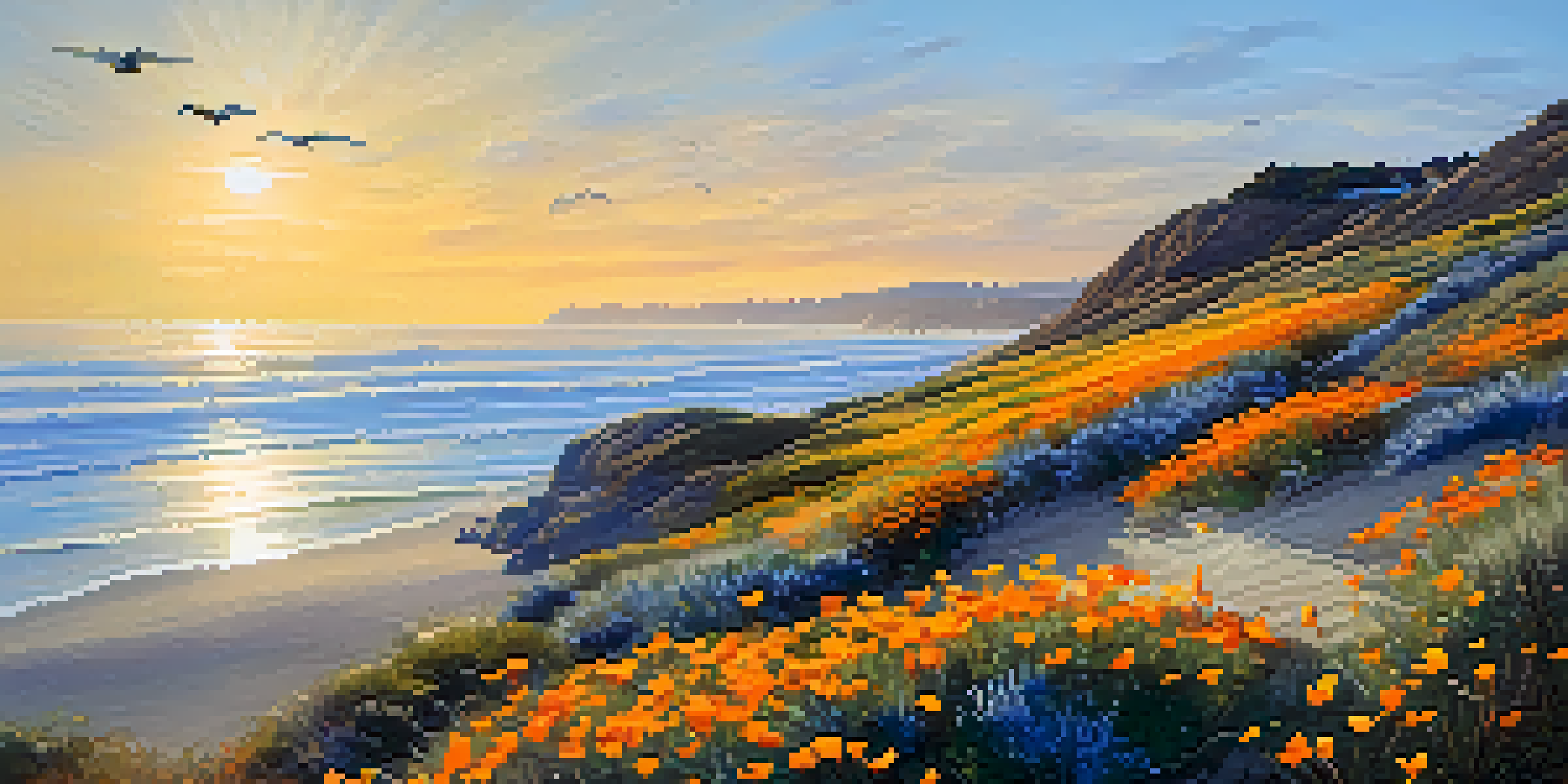 A beautiful coastal scene in Carlsbad with sandy beaches, blooming native plants, and a sunset over the ocean.
