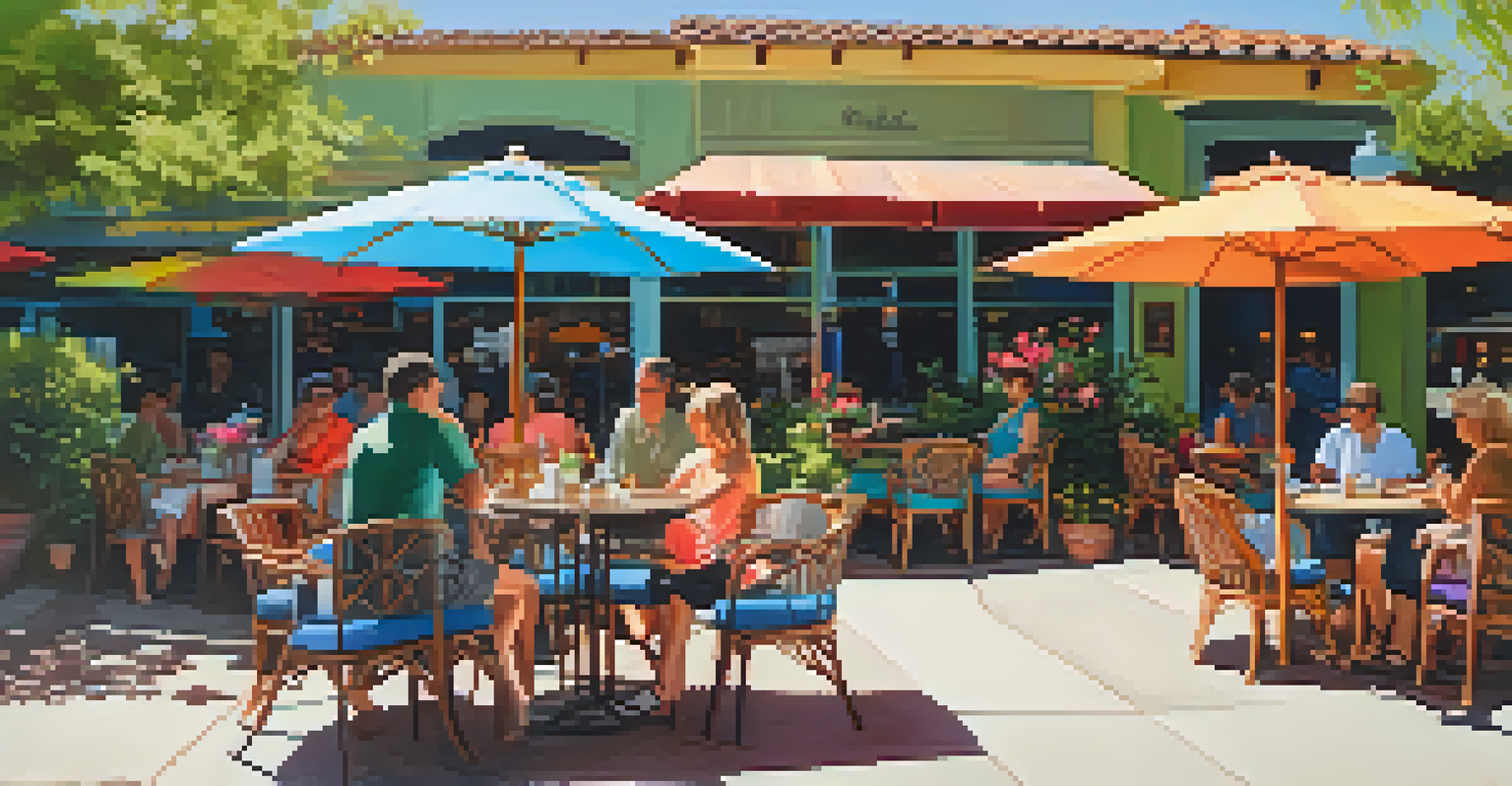 A sunny outdoor coffee patio with colorful umbrellas and customers enjoying drinks surrounded by greenery.
