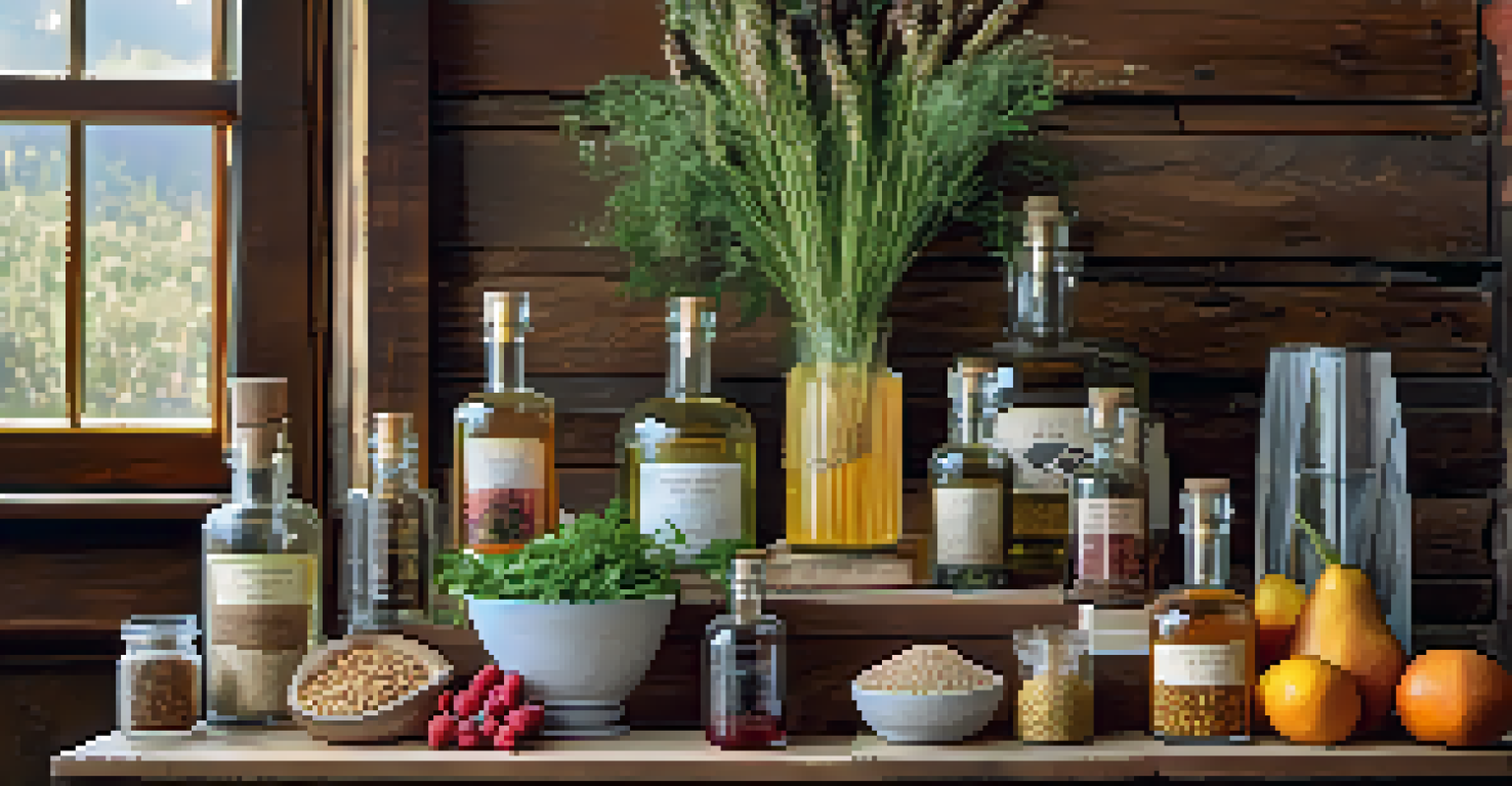 A close-up view of sustainable ingredients used in a craft distillery, featuring grains, herbs, and colorful fruits beautifully arranged on a wooden table.