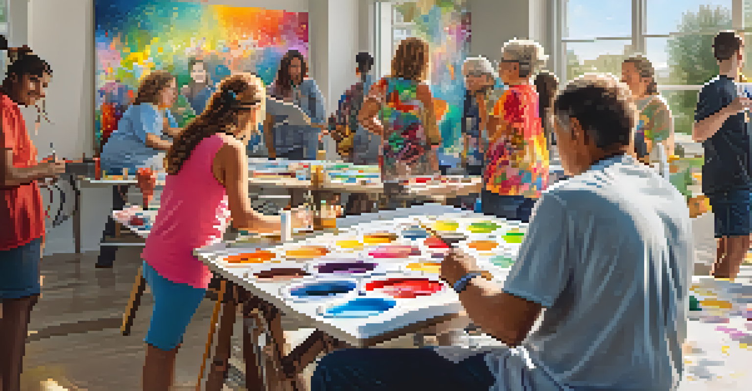 A diverse group of residents participating in a community art workshop, painting together on a large canvas, with colorful paint and sunlight in the room.
