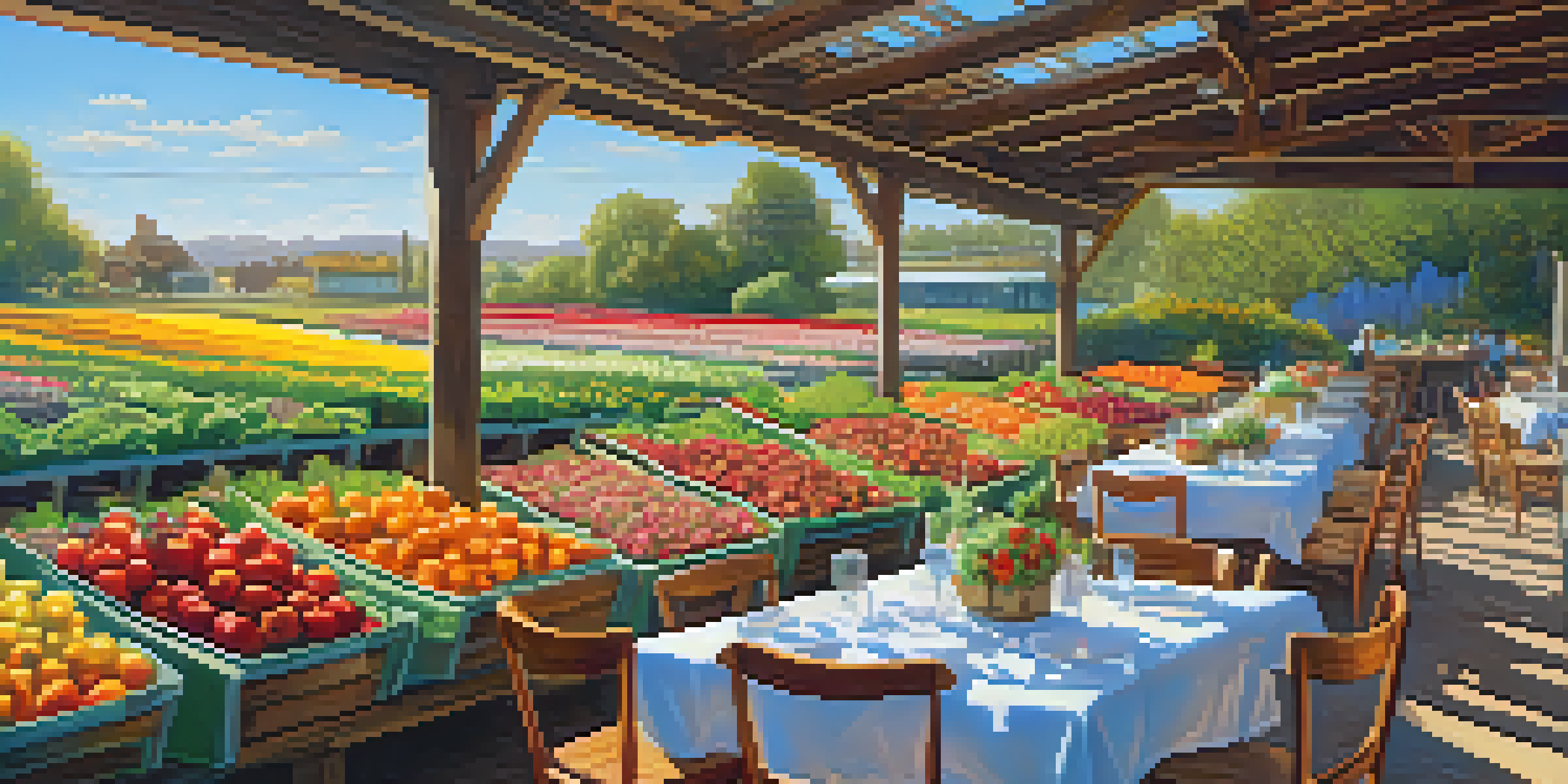 An outdoor dining setup with a wooden table holding a fresh salad, surrounded by blooming flower fields under a sunny sky.