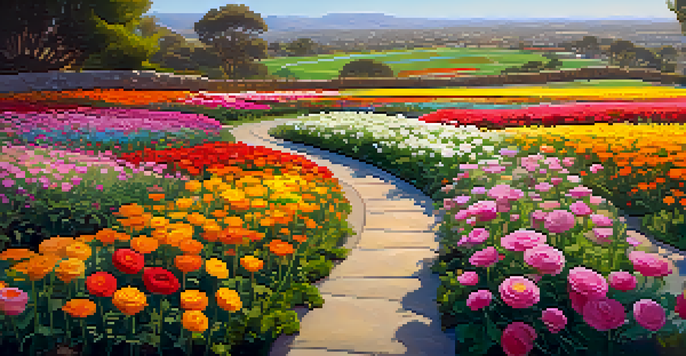 A vibrant display of colorful ranunculus flowers in Carlsbad's Flower Fields, with winding paths and warm sunlight illuminating the scene.