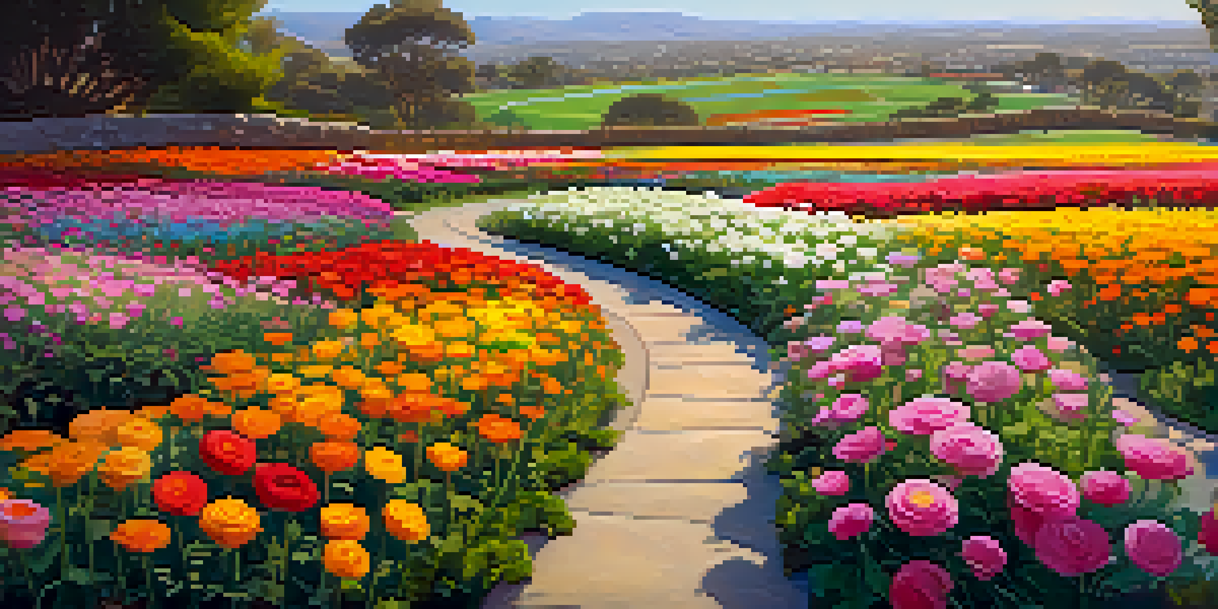 A vibrant display of colorful ranunculus flowers in Carlsbad's Flower Fields, with winding paths and warm sunlight illuminating the scene.