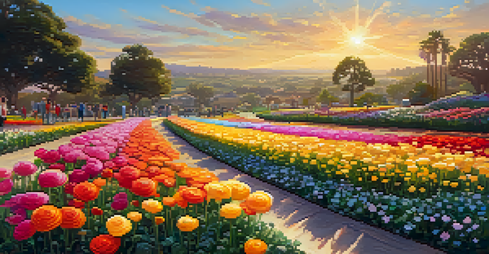 A vibrant display of blooming ranunculus flowers in Carlsbad, with a sculpture visible and visitors enjoying the scene.