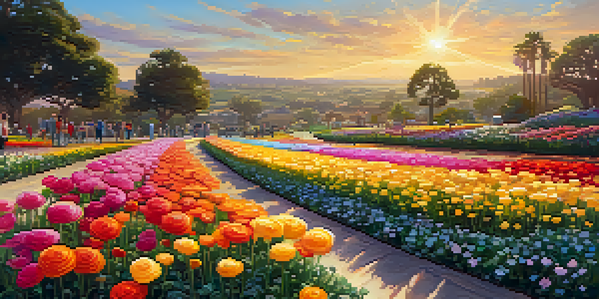 A vibrant display of blooming ranunculus flowers in Carlsbad, with a sculpture visible and visitors enjoying the scene.