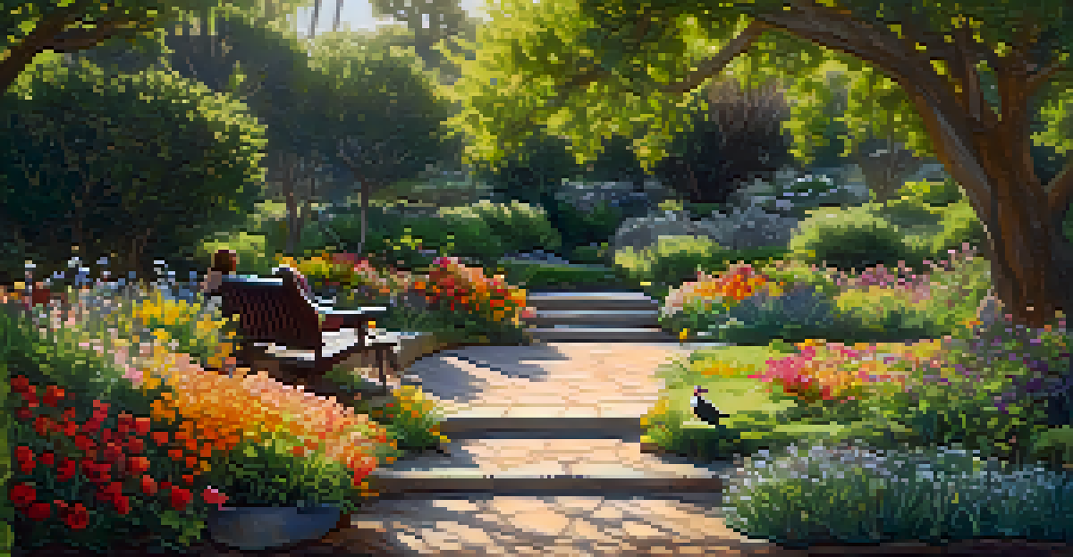 A beautiful meditation garden with flowers, greenery, and a person meditating on a bench.
