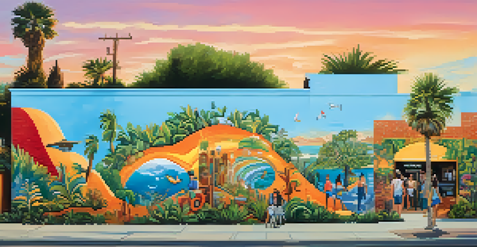 A colorful mural representing the diverse culture of Carlsbad on a brick wall, surrounded by greenery and people admiring it.