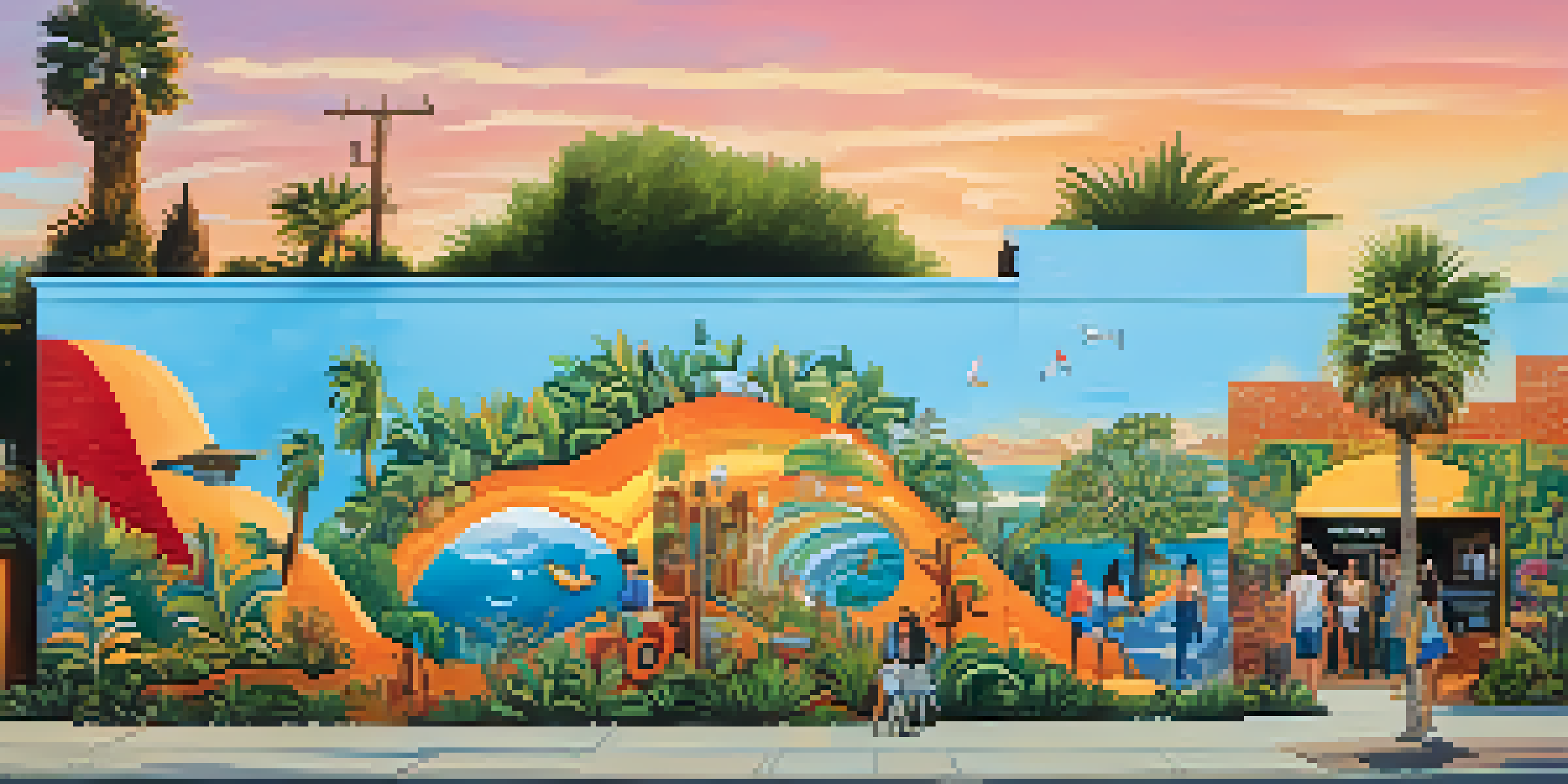 A colorful mural representing the diverse culture of Carlsbad on a brick wall, surrounded by greenery and people admiring it.