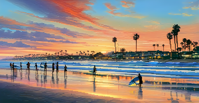 A scenic sunset view of Carlsbad's coastline with palm trees and surfers in the water.