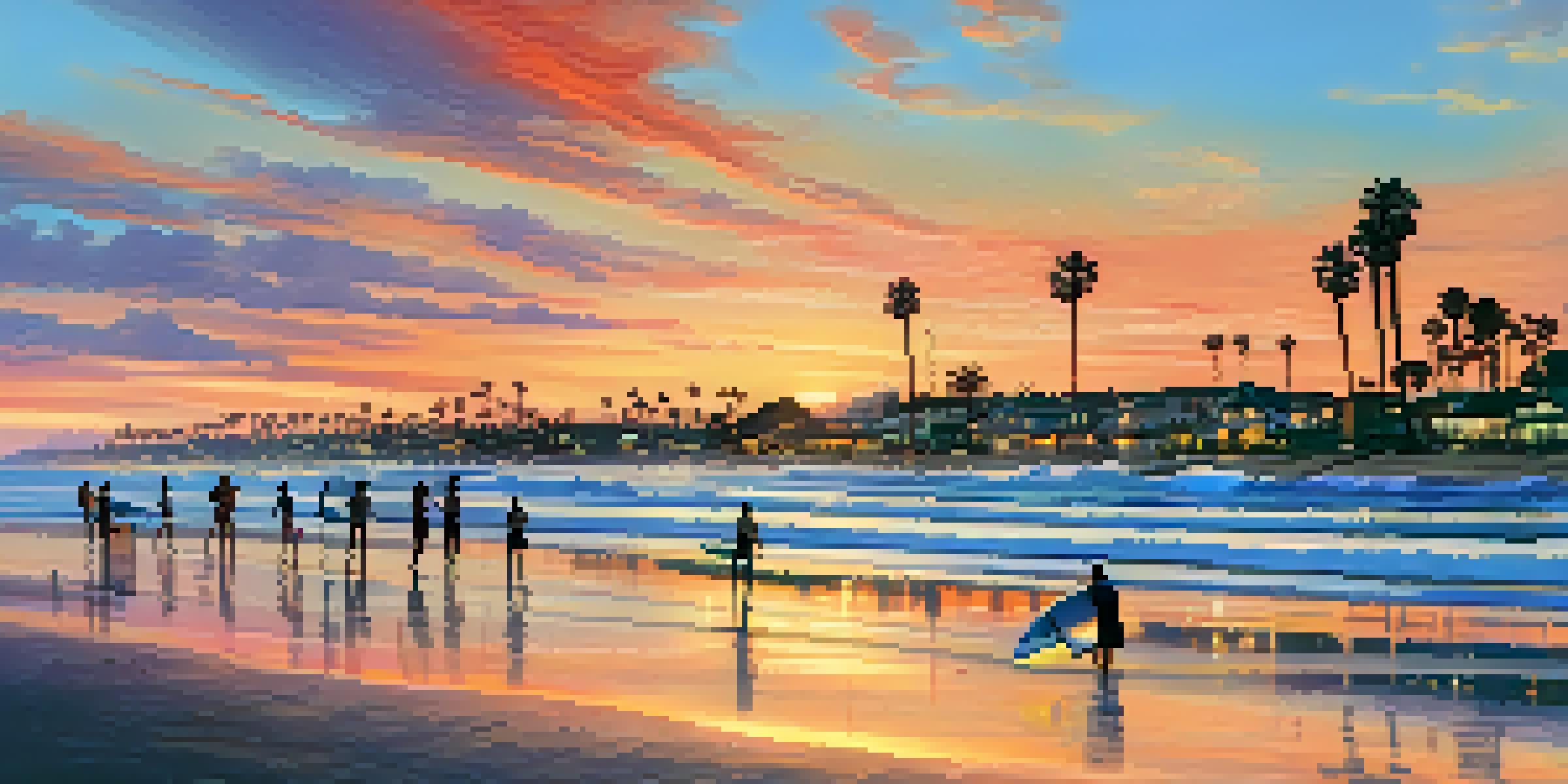 A scenic sunset view of Carlsbad's coastline with palm trees and surfers in the water.