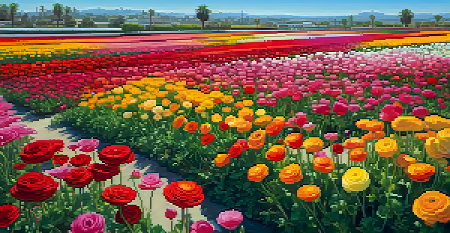 Visitors walking through the vibrant ranunculus flowers at the Carlsbad Flower Fields.